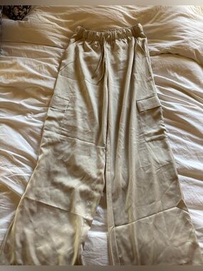 Abercrombie Cream Satin wide leg cargo pants